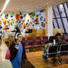 Waiting room at Kornberg School of Dentistry clinic with colorful wall installation